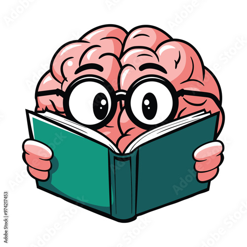 Cartoon brain reading a book with glasses illustration photo