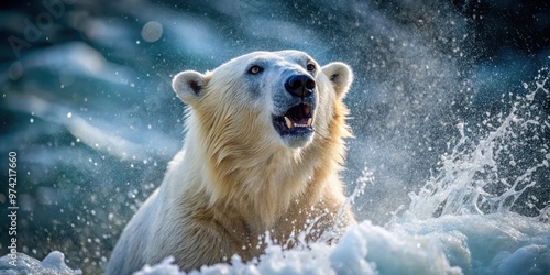 Dramatic shot of a wild polar bear roaring with splashing water, showcasing power and grandeur photo