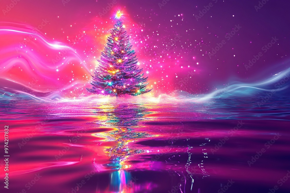 A vibrant digital art of an illuminated Christmas tree, reflecting on the surface of water with colorful lights A vibrant digital art of an illuminated Christmas tree, reflecting on the surface of water with colorful lights