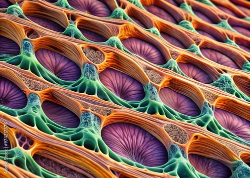 Microscopic image of skeletal muscle fibers surrounded by epimysium, a thick layer of connective tissue, showcasing photo