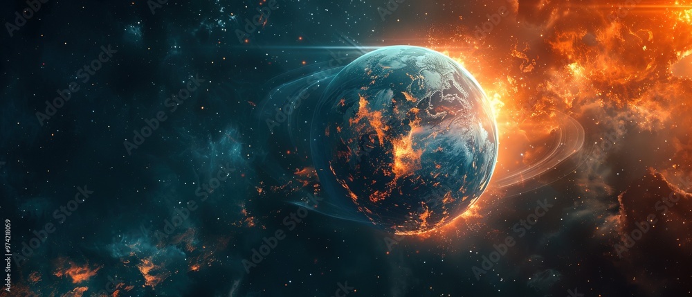 Digital blue and orange broken planet poster background Digital blue and orange broken planet poster background