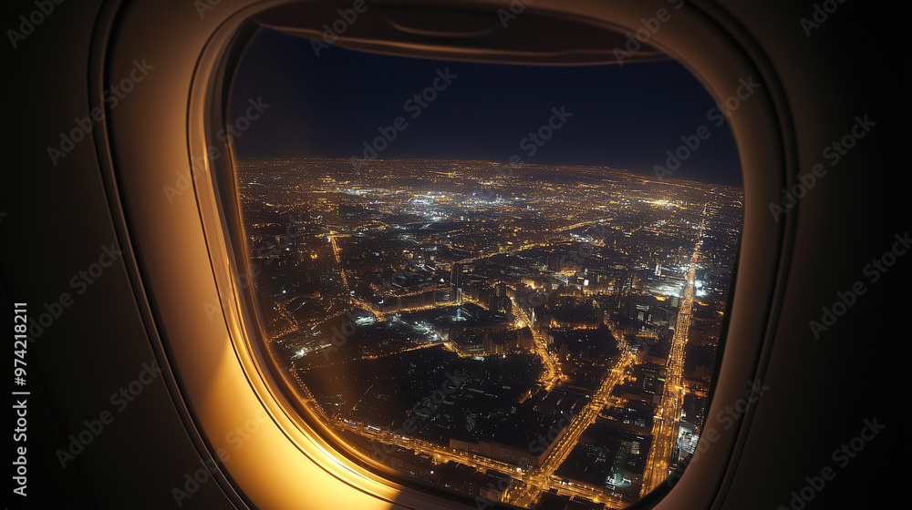 A night view from an airplane window overlooking a city illuminated by street and building lights. Bright road lines create a lace of light against the dark sky A night view from an airplane window overlooking a city illuminated by street and building lights. Bright road lines create a lace of light against the dark sky