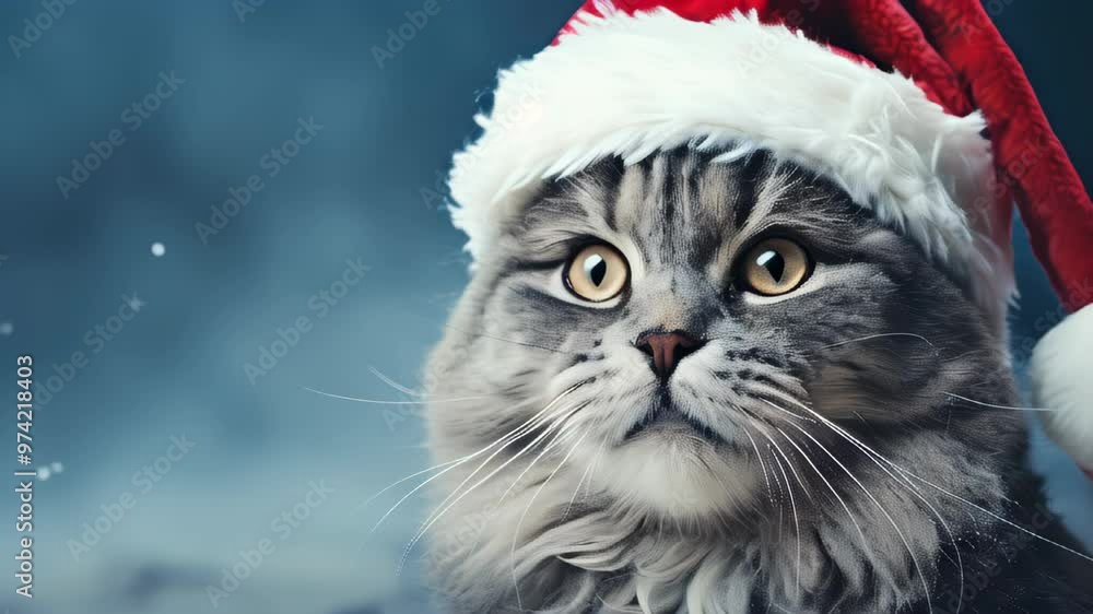 A fluffy cat wearing a festive Santa hat in a snowy winter backdrop celebrating the holiday season A fluffy cat wearing a festive Santa hat in a snowy winter backdrop celebrating the holiday season