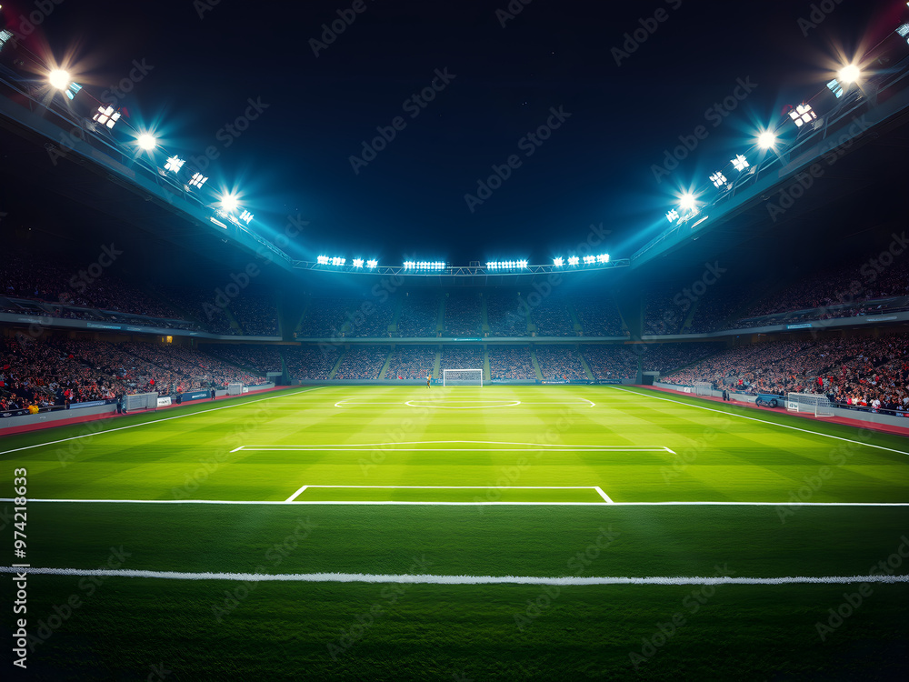 Sports Stadium with Green Grass Field and Blue Spotlights, Nighttime Splendor, Sports tournament, world championship Photography. Generative AI. Sports Stadium with Green Grass Field and Blue Spotlights, Nighttime Splendor, Sports tournament, world championship Photography. Generative AI.