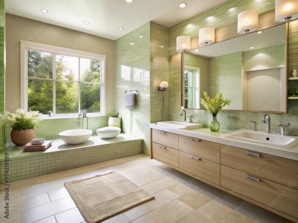 Modern bathroom features a sophisticated palette of soft green tile, creamy white accents, and sleek fixtures, creating Modern bathroom features a sophisticated palette of soft green tile, creamy white accents, and sleek fixtures, creating