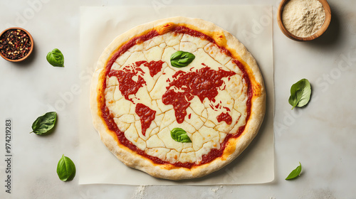 A creative pizza featuring a world map design, topped with cheese, tomato sauce, and fresh basil leaves.