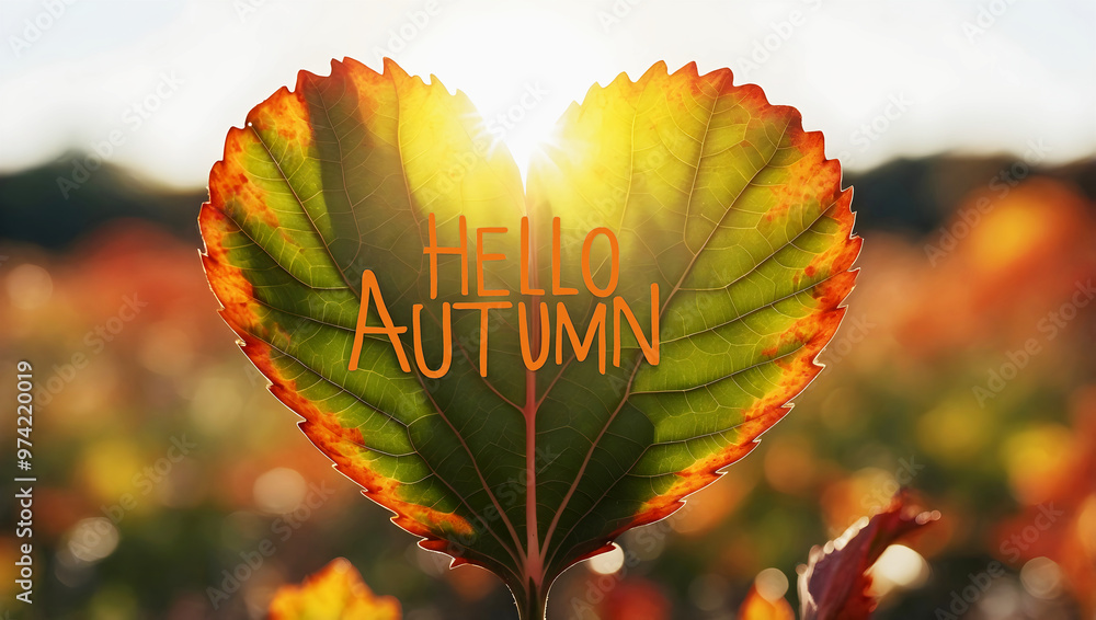 Hello autumn, fall coloured leaf with text, seasonal background, nature, template, wallpaper