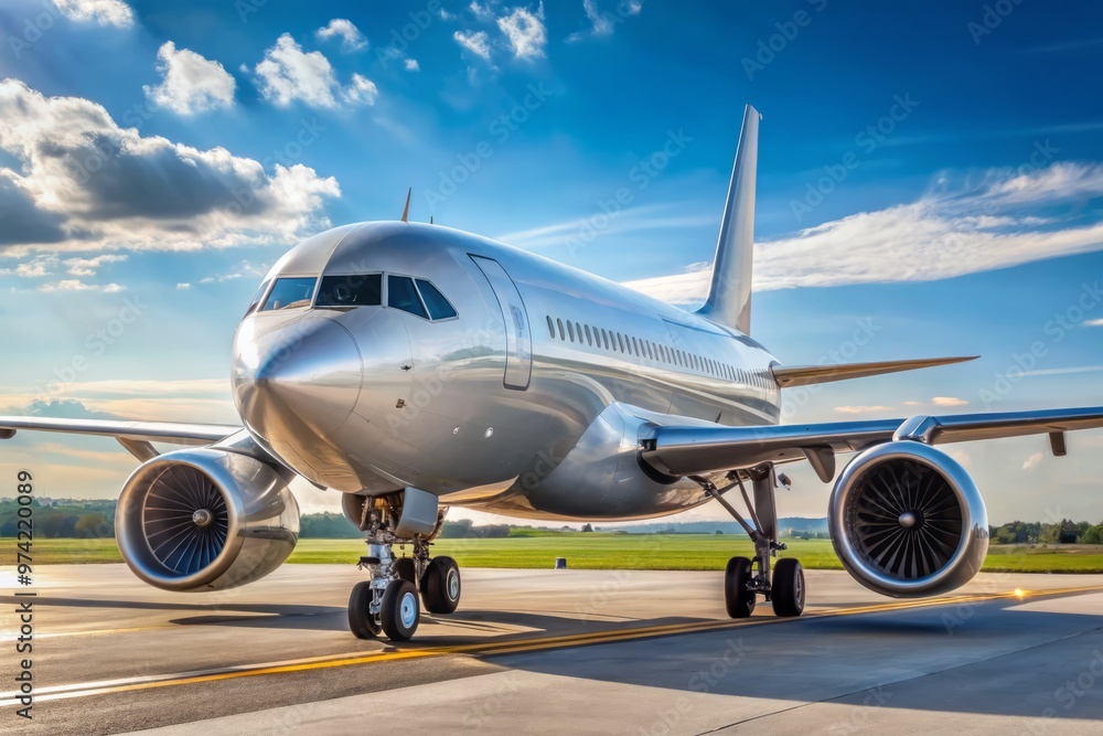 Modern commercial airliner with sleek design, silver fuselage, and engines mounted under the wings, taxiing on a sunny