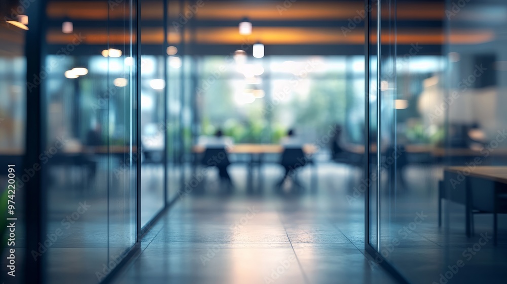 Fototapeta premium 3D rendering of a blurred office interior with glass doors and tables in a modern business center.
