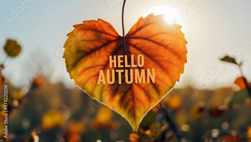 Obraz na płótnie Hello autumn, fall coloured leaf with text, seasonal background, nature, template, wallpaper w salonie