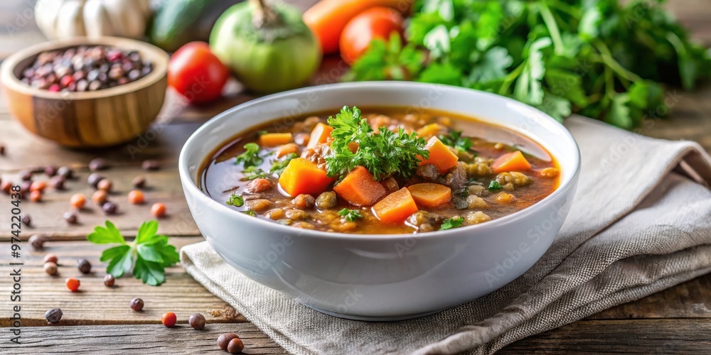 A gourmet vegetable soup with carrots, lentils, and fresh herbs presented elegantly A gourmet vegetable soup with carrots, lentils, and fresh herbs presented elegantly