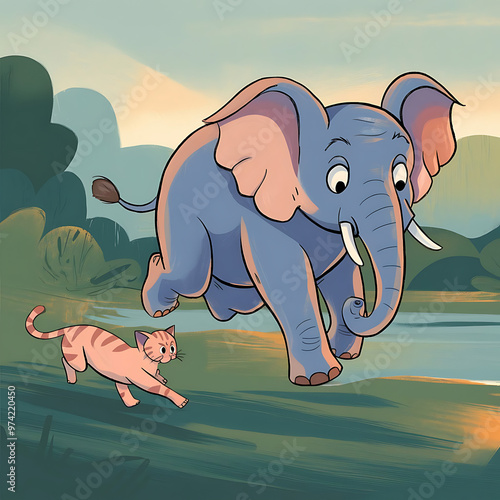 An illustration of a medium shot of a terrified elephant running away from a cat chasing it. The background is a serene landscape with lush greenery and a body of water. 
