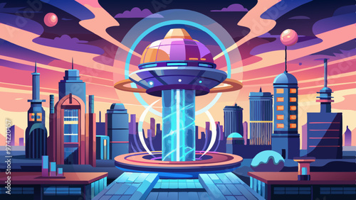 A futuristic cityscape with a large, glowing orb in the center