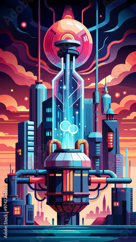 A futuristic cityscape with a large building in the center