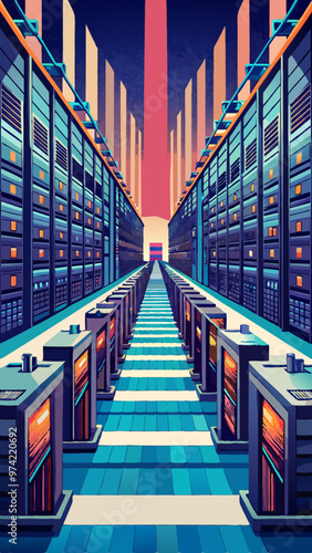 A long hallway with many computer servers