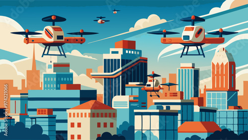 A cityscape with a few drones flying over it