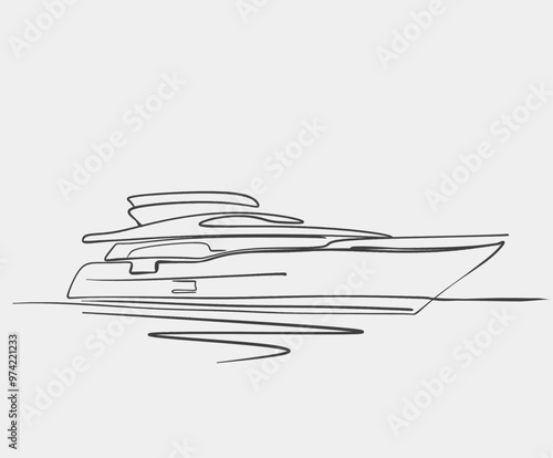 Simple one-line drawing of a luxury yacht cruising on water, illustrating a sleek and modern minimalist art style.