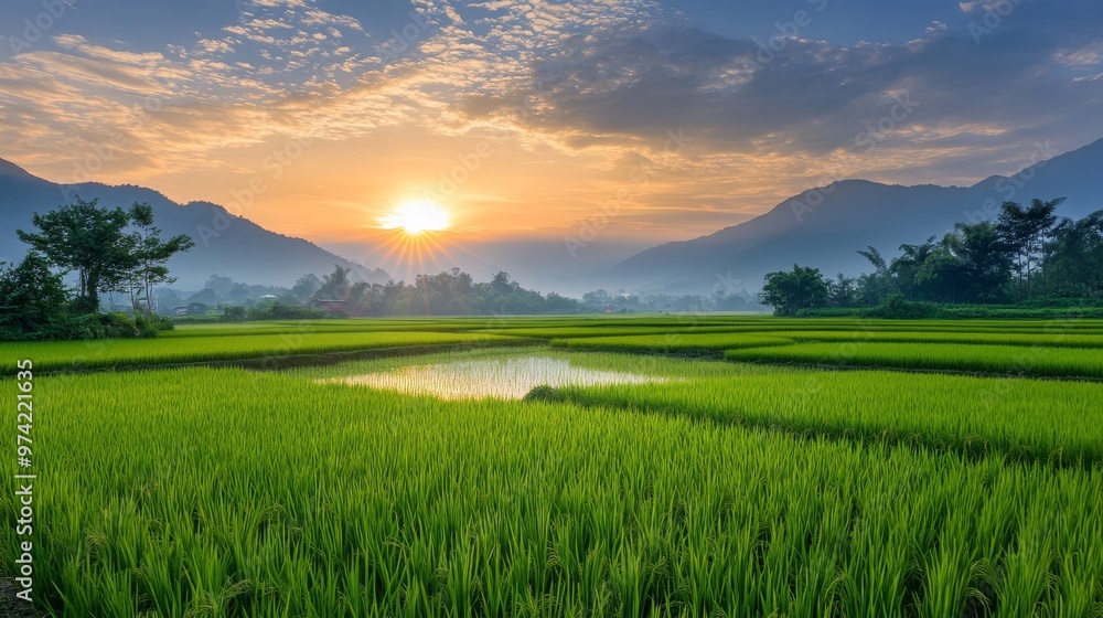 Serene Vietnamese countryside at dawn, with rice fields stretching into the horizon Serene Vietnamese countryside at dawn, with rice fields stretching into the horizon