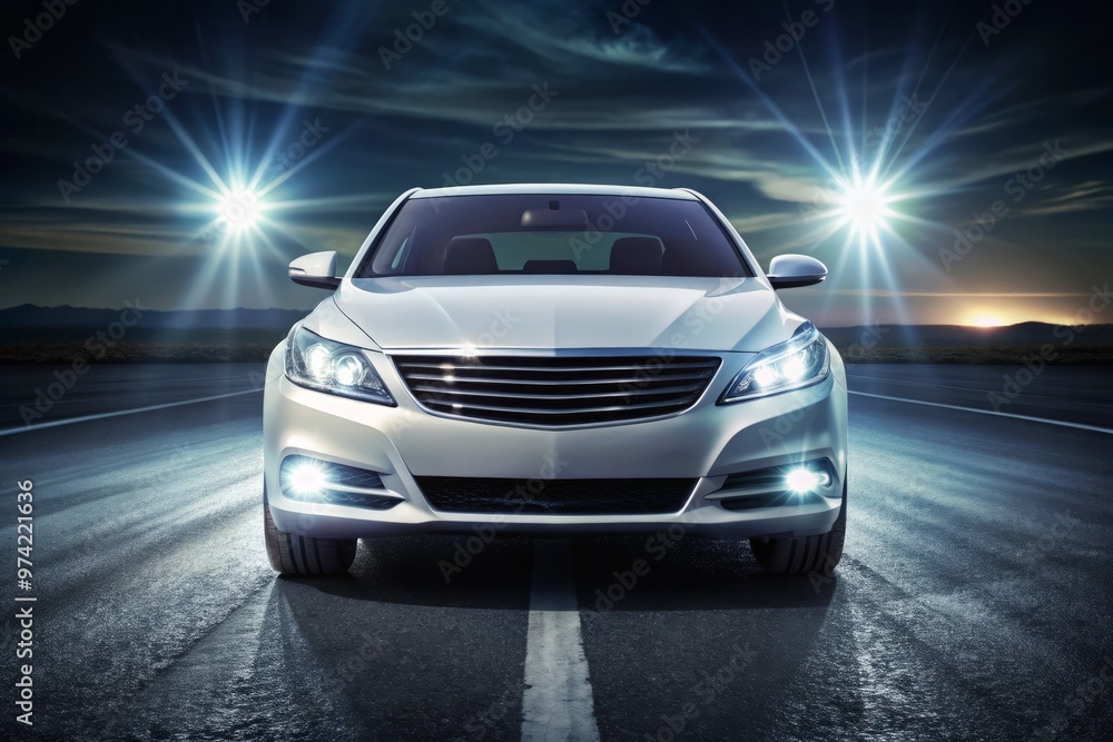 Fototapeta premium Modern sleek LED headlights illuminated on a luxurious sedan parked at night, casting a bright white glow on