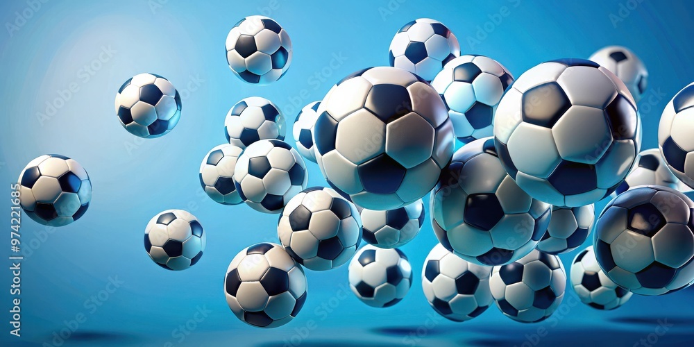 Multiple soccer balls floating on gradient blue background exuding lightness and playfulness, perfect for sports and fun-themed designs Multiple soccer balls floating on gradient blue background exuding lightness and playfulness, perfect for sports and fun-themed designs