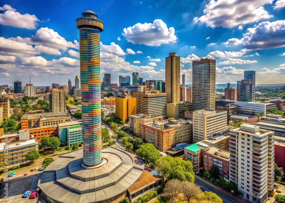 Obraz premium Modern urban skyscraper, Ponte City Tower, stands tall amidst Johannesburg's vibrant cityscape, its cylindrical shape