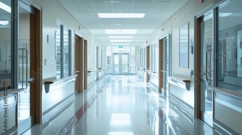 A bright and clean hospital corridor with white walls, doors, and shiny floors. The hallway is empty and leads to a door at the end of the corridor.