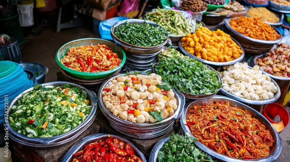 Street food stalls in Vietnam, with a variety of colorful and aromatic dishes Street food stalls in Vietnam, with a variety of colorful and aromatic dishes