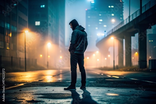 Moody silhouette of a lone figure standing with arms crossed, gazing down at the ground with a downtrodden photo