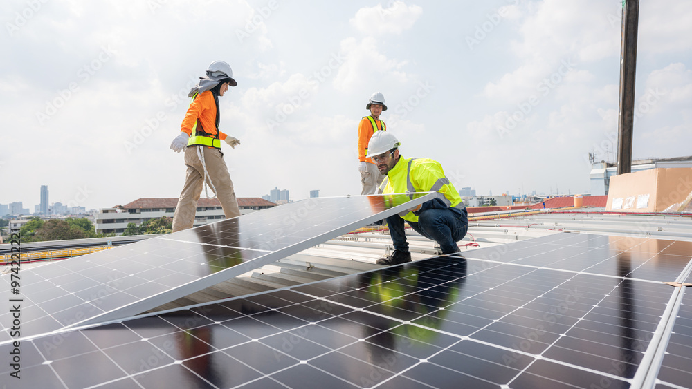 custom made wallpaper toronto digitalMen technicians carrying photovoltaic solar moduls on roof of factory on the morning. Installing a Solar Cell on a Roof. Solar panels on roof. Workers installing solar cell power plant eco technology.