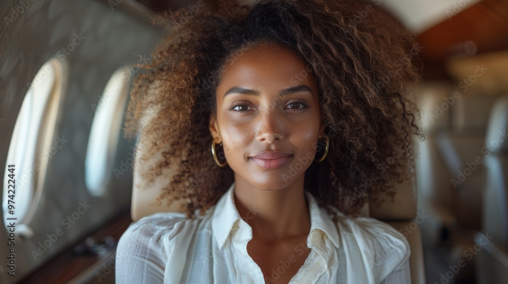 A woman with curly hair is sitting in a plane A woman with curly hair is sitting in a plane