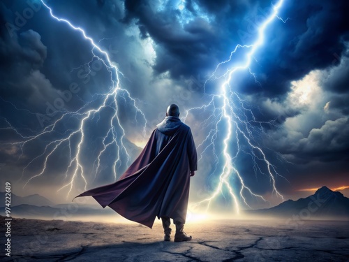 Mysterious figure standing heroically with outstretched cape flowing behind, set against a dark, stormy sky with photo