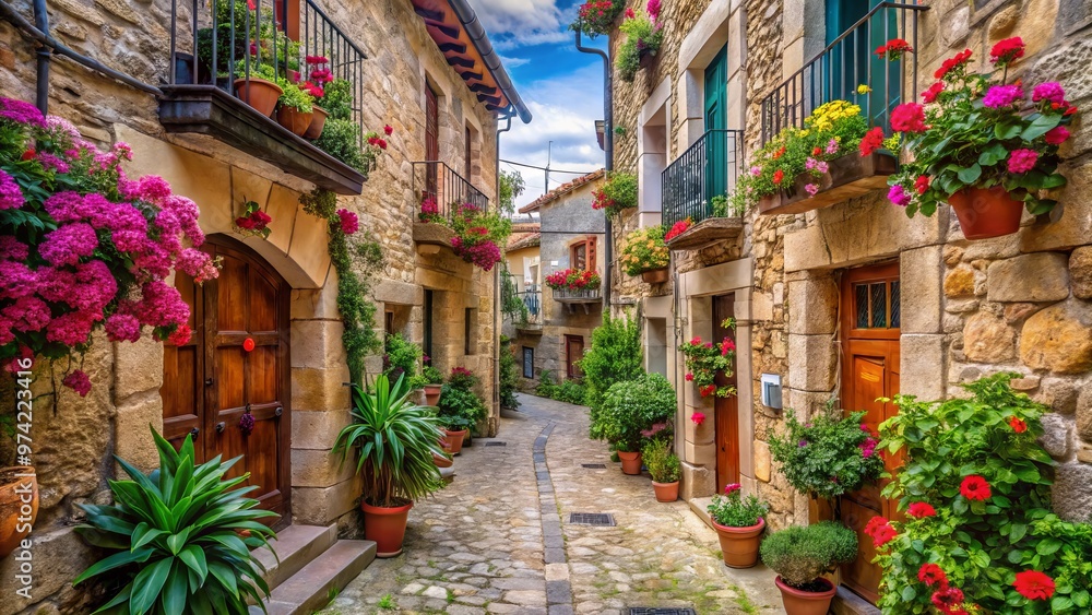 Fototapeta premium Narrow cobblestone alleyway lined with historic stone buildings, ornate doorways, and vibrant colorful flowers, evoking