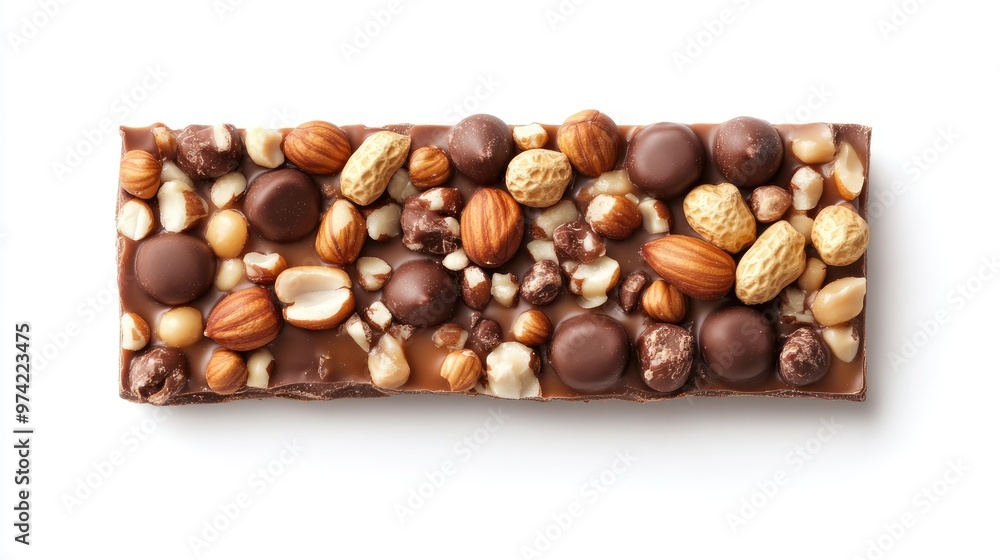 Fototapeta premium A chocolate bar with almonds, peanuts, and chocolate chips on a white background.