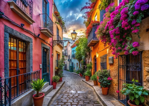 Narrow, flower-adorned alleyway in Guanajuato, Mexico, features colorful buildings, ornate ironwork, and a romantic