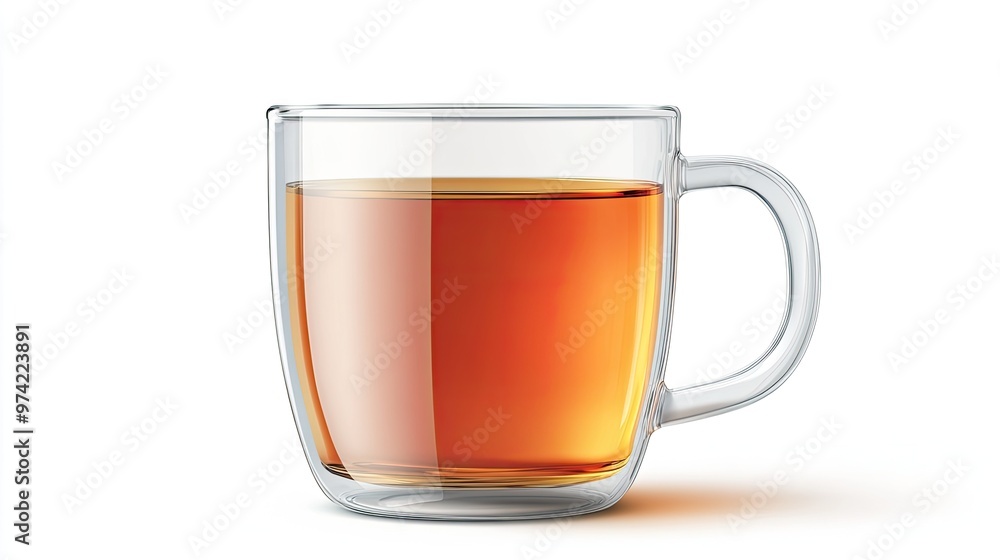 A clear glass mug filled with a warm, amber-colored beverage, possibly tea or coffee, isolated on a white background. A clear glass mug filled with a warm, amber-colored beverage, possibly tea or coffee, isolated on a white background.