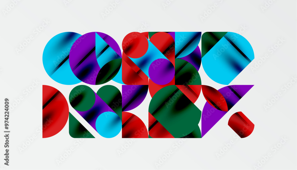 Color beautiful circles, semi circles, squares and round triangles. Geometric mosaic style pattern abstract background for wallpaper, banner, backdrop, card, book Illustration, landing page Color beautiful circles, semi circles, squares and round triangles. Geometric mosaic style pattern abstract background for wallpaper, banner, backdrop, card, book Illustration, landing page