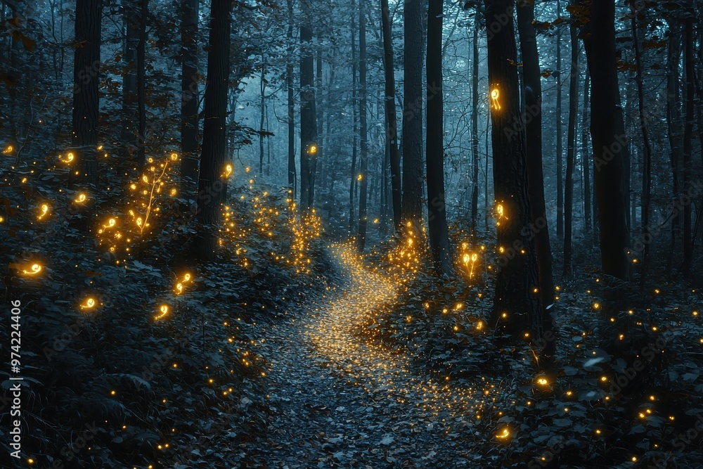 Magical fireflies lighting up enchanted forest path at night Magical fireflies lighting up enchanted forest path at night