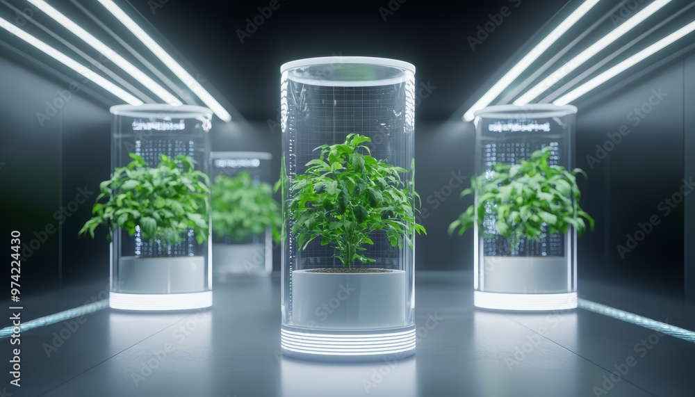 Fototapeta premium Futuristic greenhouse with illuminated plant displays in a sleek, modern setting, showcasing innovation in plant growth technology.