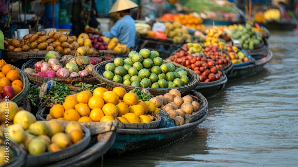 Vibrant floating market in Vietnam, with boats laden with fruits and vegetables Vibrant floating market in Vietnam, with boats laden with fruits and vegetables