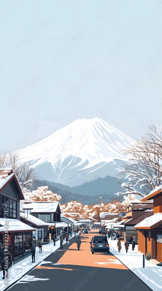 Fototapeta premium A simple illustration of Mount Fuji in winter, surrounded by small town buildings and people walking on the street below