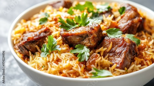 A close-up of a white bowl filled with a flavorful dish of rice, meat, and parsley.