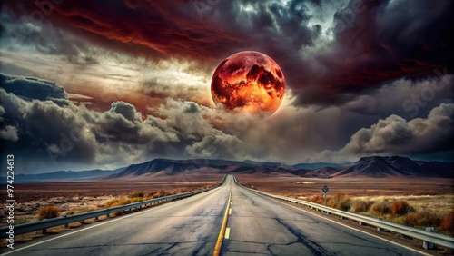 Ominous dark clouds gather above a deserted, crumbling highway, eerily lit by a faint, blood-red moon, casting long, photo