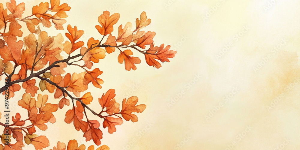 Top view of brown oak autumn leaves on branches on pastel yellow orange background with copy space for text Top view of brown oak autumn leaves on branches on pastel yellow orange background with copy space for text