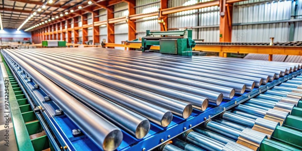 Close up of industrial metal sheet forming machine conveyor belt in factory for roof tile manufacturing. Metalworking concept Close up of industrial metal sheet forming machine conveyor belt in factory for roof tile manufacturing. Metalworking concept