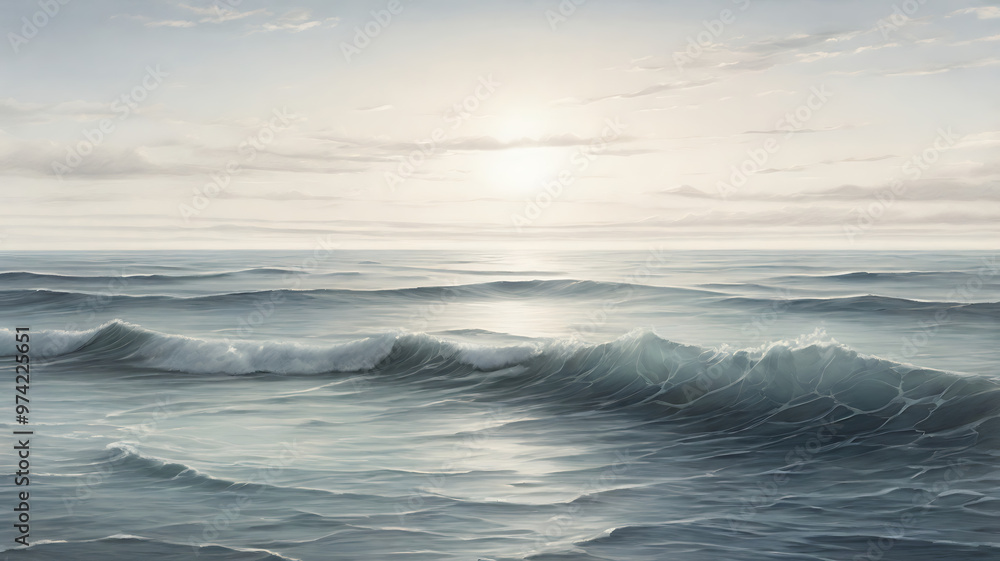 Fototapeta premium A tranquil coastal scene, with gentle waves rolling onto the shore – a scene that exudes serenity and natural beauty with partly cloudy skies and the warm glow of the rising or setting sun.