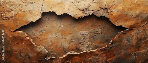 Hole with cracks in the wall, damaged and broken texture 