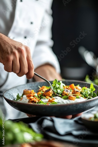 A chef plating a gourmet vegetarian dish, banner for World Vegetarian Day above, soft natural lighting, culinary lifestyle, vegetarian gourmet