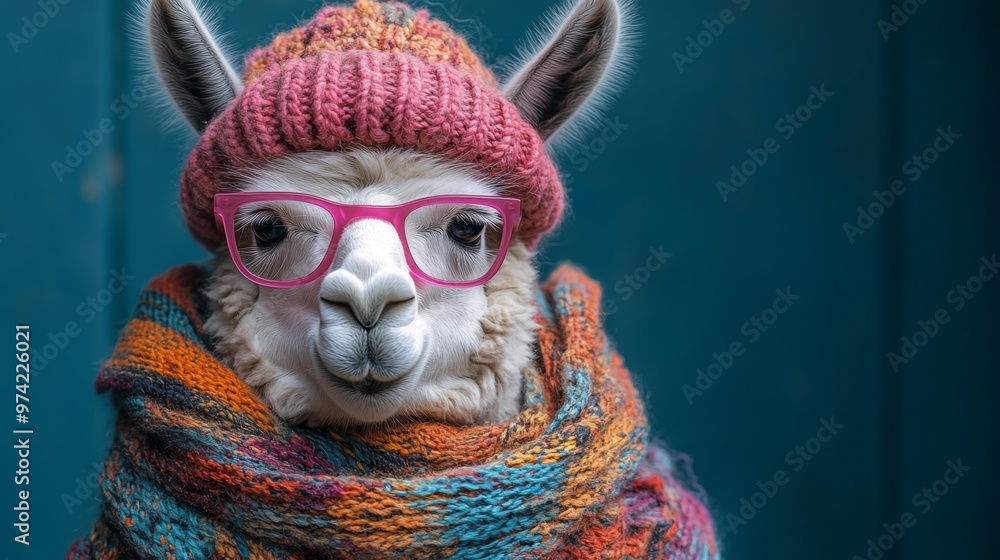 Quirky llama in glasses and winter hat Generative AI Quirky llama in glasses and winter hat Generative AI