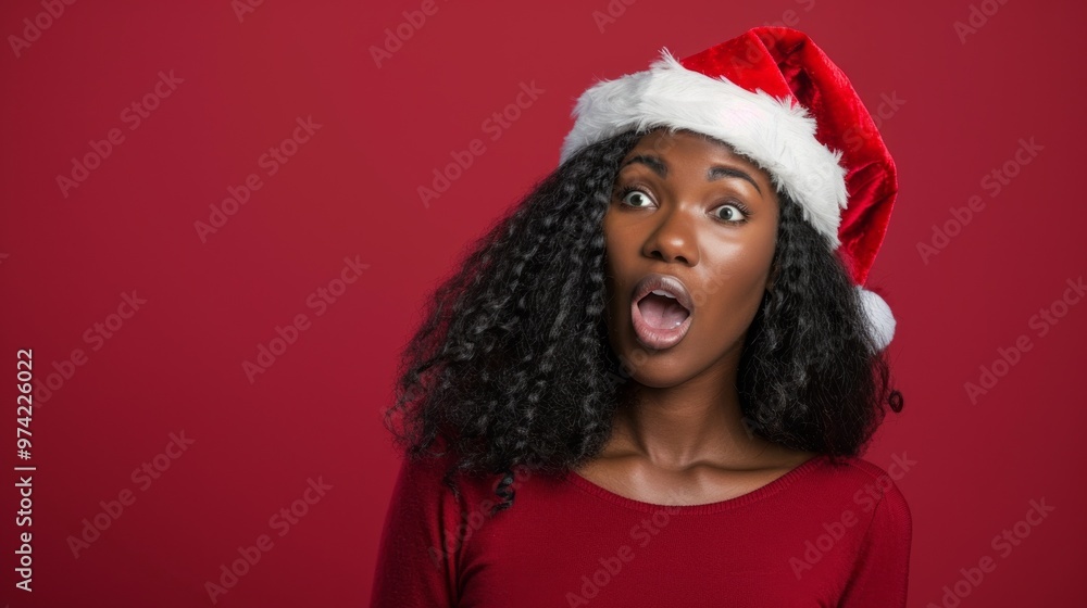 A woman with a red shirt and a santa hat is looking surprised A woman with a red shirt and a santa hat is looking surprised
