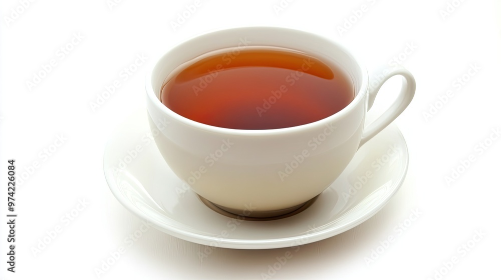 A cup of black tea on a white saucer against a white background. A cup of black tea on a white saucer against a white background.